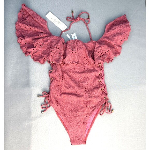 New Pink Swimsuit One Piece Lucia Ruffle Off Shoulder Side Tie Lined S-XL $170 - Picture 10 of 16